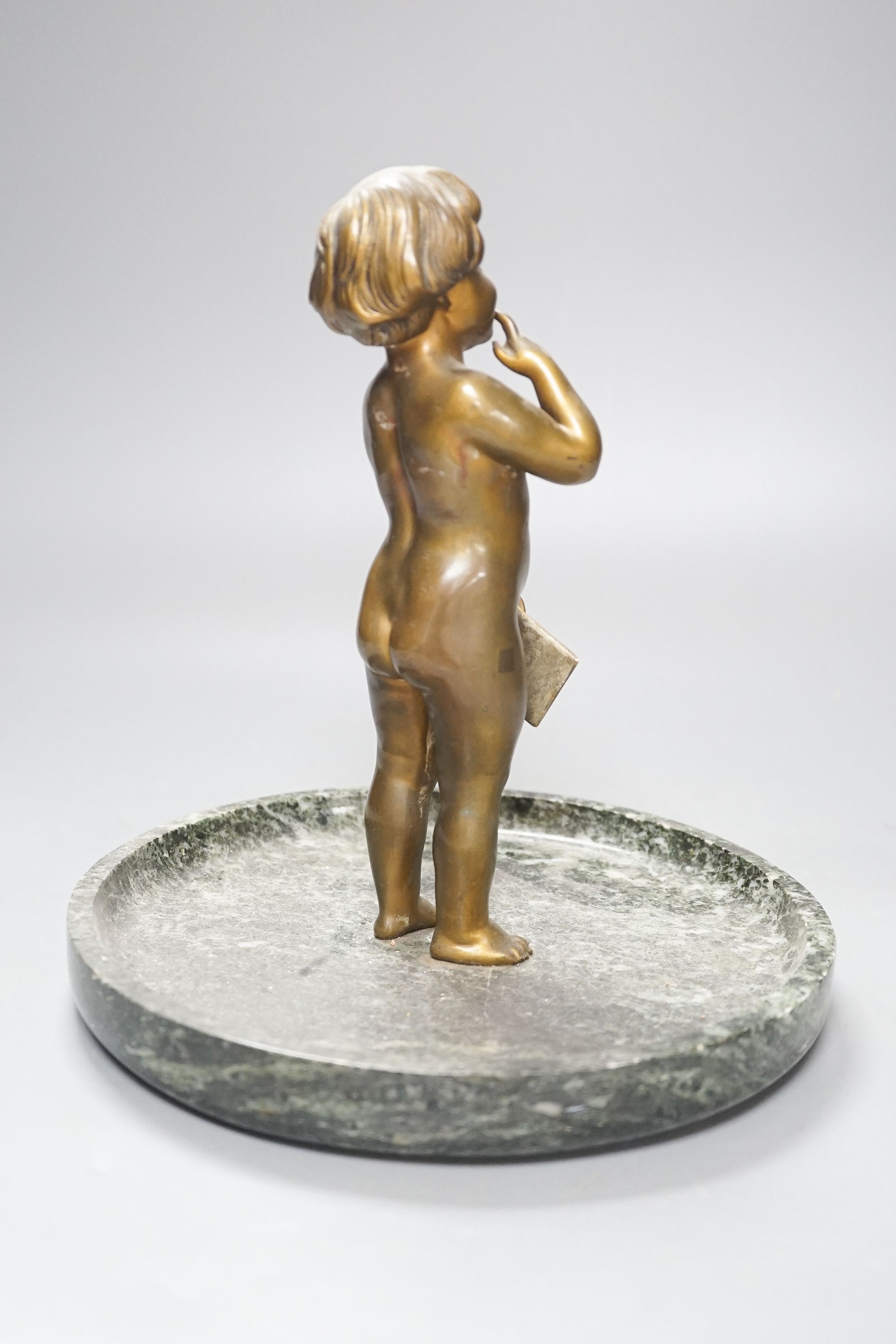 Early 20th century bronze of a child on a marble dish base 24cm